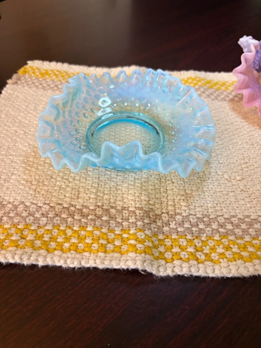 Vintage MCM (1940-69) Fenton Art Opalescent Aquamarine Hobnail Ruffled Dish